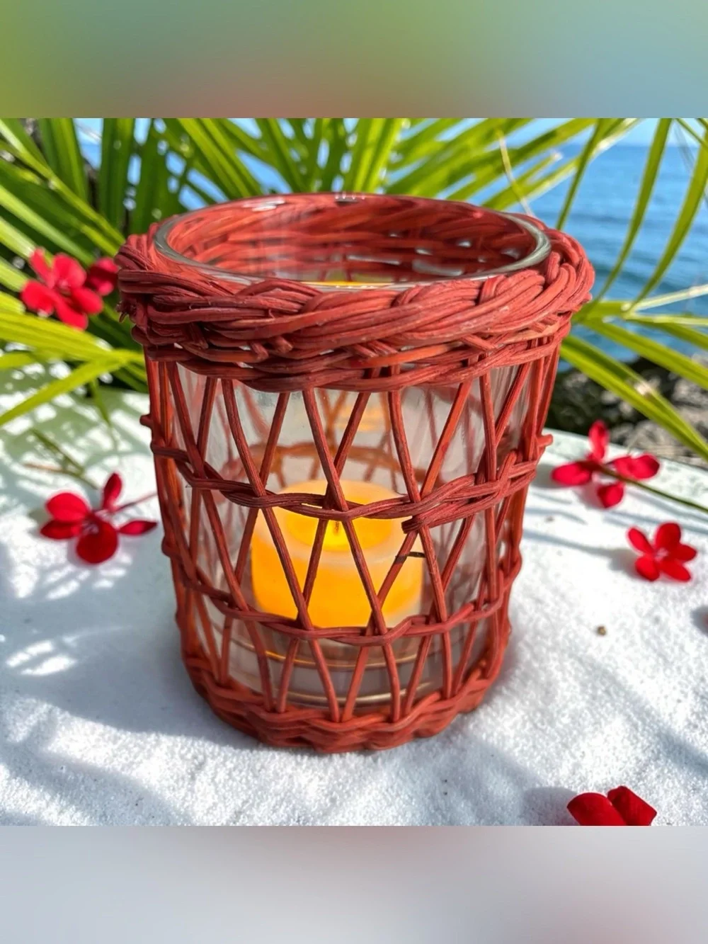 Vintage Rustic Red Wicker Glass Tea Light Votive Candle Holder Coastal Patio